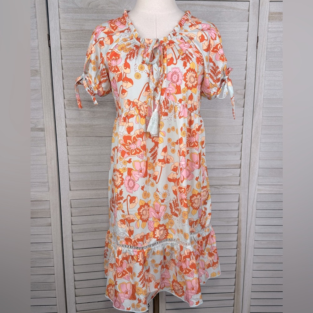 Retro Style Boho Floral Dress with Tassel Tie-Small